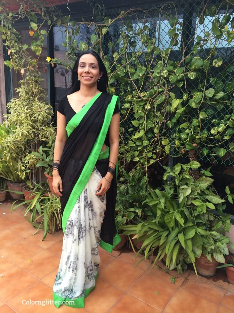 Outfit Of Day - Black & White Georgette Saree with Bright Green Raw Silk Border!