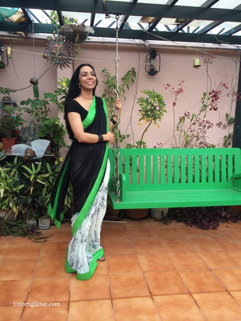 Black & White Saree With A Bright Green Border
