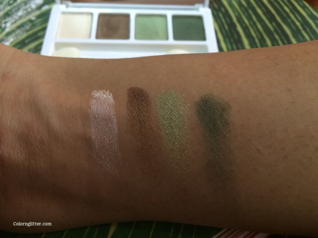 Swatches of Clinique “All About Shadow” eyeshadows L to R - No1 and No 2 Buttered Toast, No3 Lemongrass, No4 Olive Green shadow from On Safari 