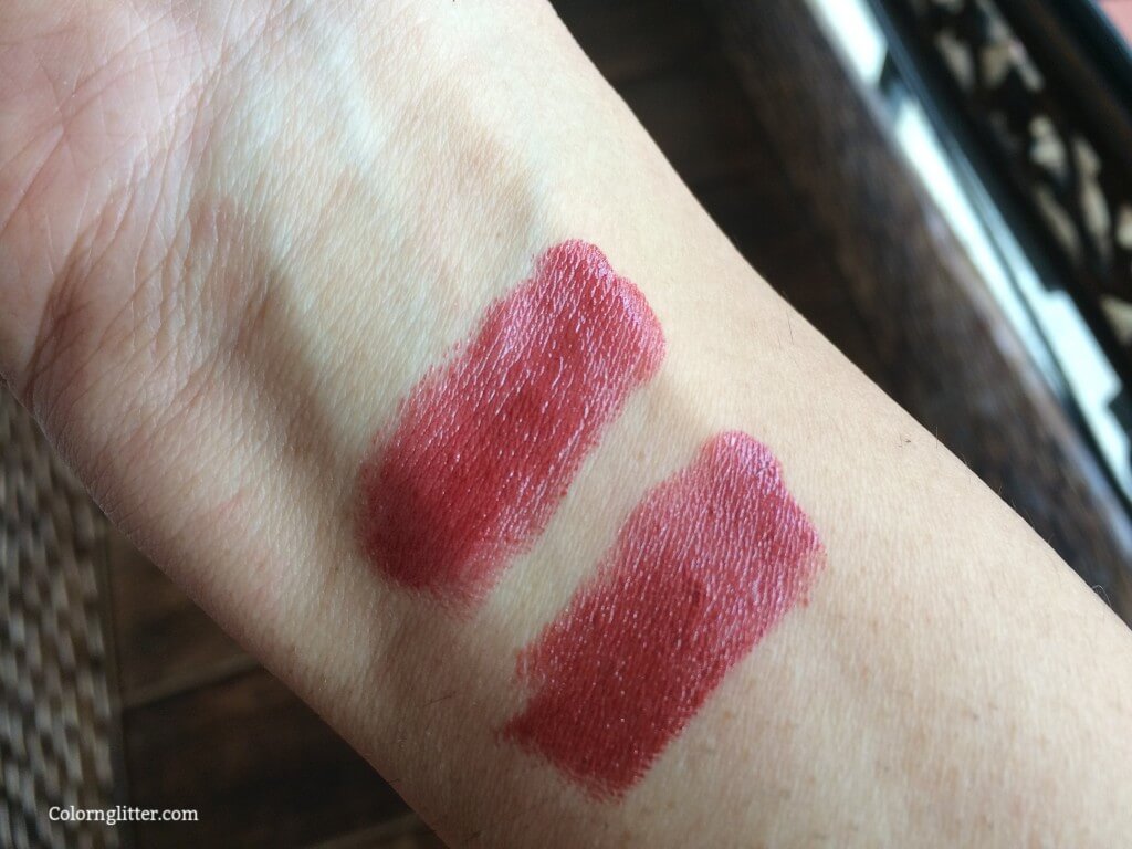 Swatches of Rusty (left) and Clarins Joli Rouge Lipstick #700 Cedar Red (right). 