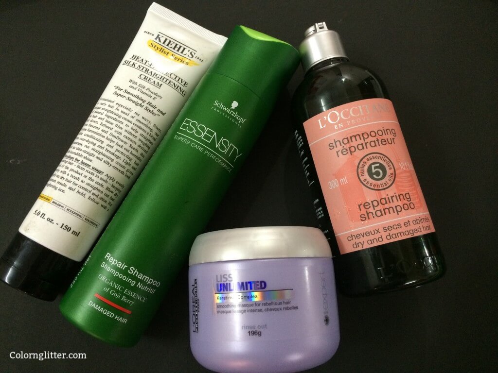 L to R - Kiehls’ Stylist Series Heat-Protective Silk Straightening Cream, Essensity from Schwarzkopf, L'oreal Professional Liss Unlimited Masque & L'occitane Repairing Shampoo For Dry And Damaged hair 